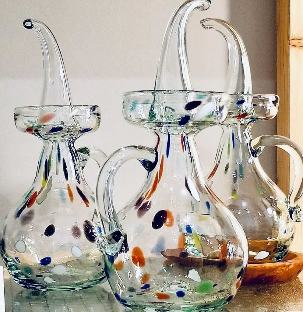 Glass olive oil bottles from Mallorca in Hijo de Egipmenio shop in Madrid